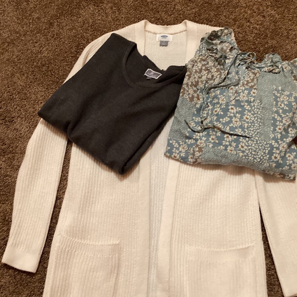 THREE ITEMS- OLD NAVY- CREAM CARDIGAN SET- 3 pieces-cardigan, sweater and top